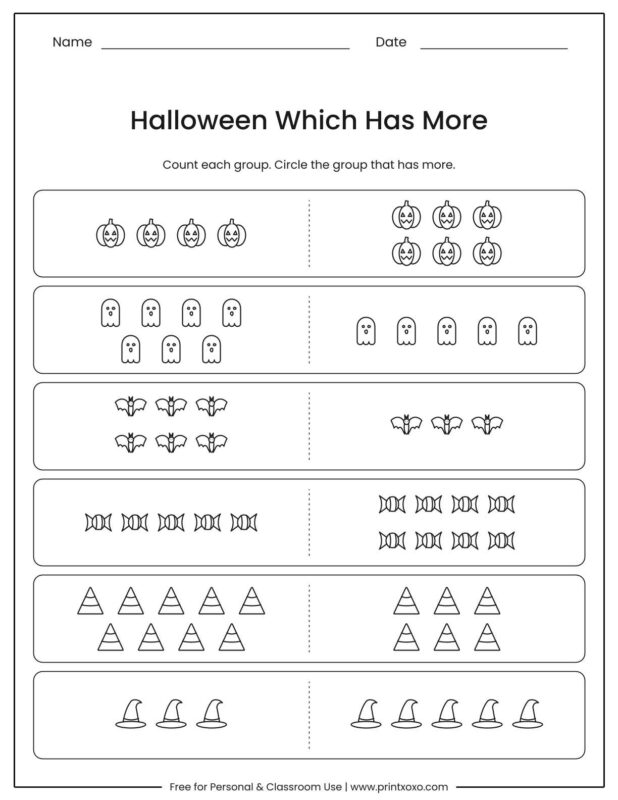 Halloween which has more worksheet comparing two groups of pumpkins, ghosts, bats, candy, candy corn and witch hats in each row