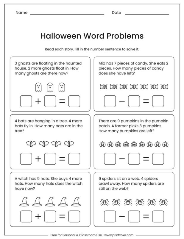 Halloween word problems worksheet with six short stories about ghosts, candy, bats, pumpkins, witch hats and spiders and number sentence boxes