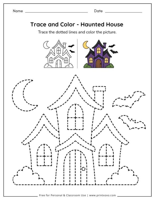 Haunted house tracing worksheet for preschool and kindergarten