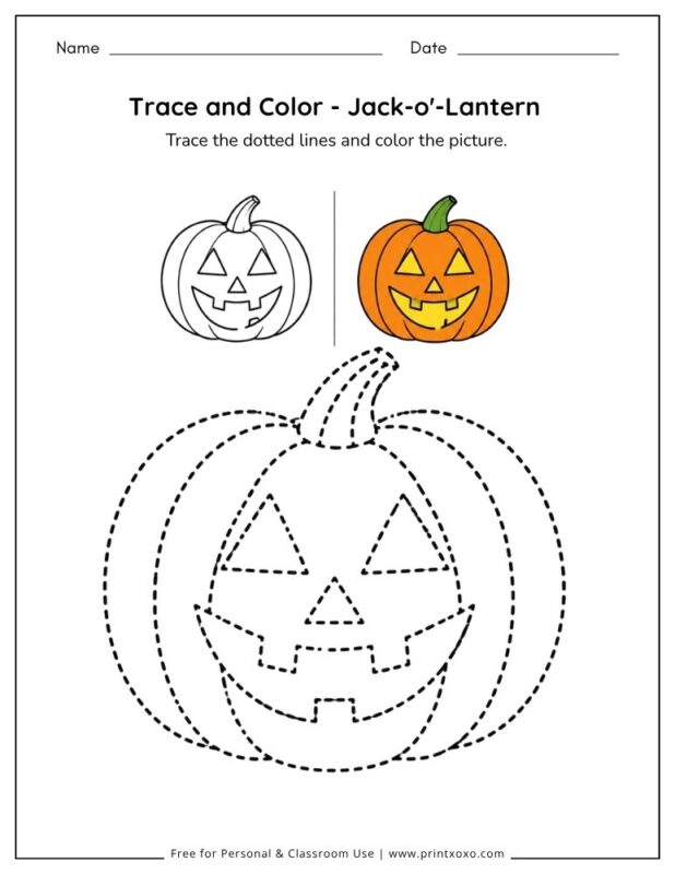 Jack-o'-Lantern tracing worksheet for preschool and kindergarten
