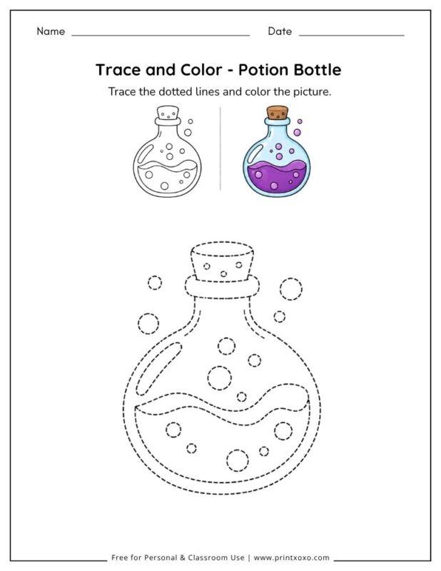 Potion bottle tracing worksheet for preschool and kindergarten