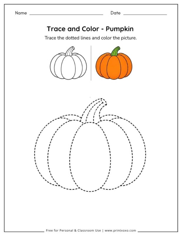 Pumpkin tracing worksheet for preschool and kindergarten
