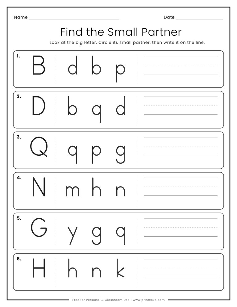 Find the small partner worksheet where kids circle the matching lowercase letter for B, D, Q, N, G and H