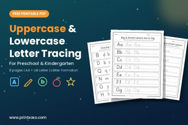 Free uppercase and lowercase letter tracing worksheets for preschool and kindergarten, 8 printable pages