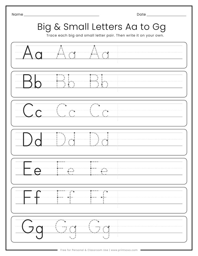 Uppercase and lowercase letter tracing worksheet for Aa to Gg with a solid model pair and two dashed pairs on handwriting lines