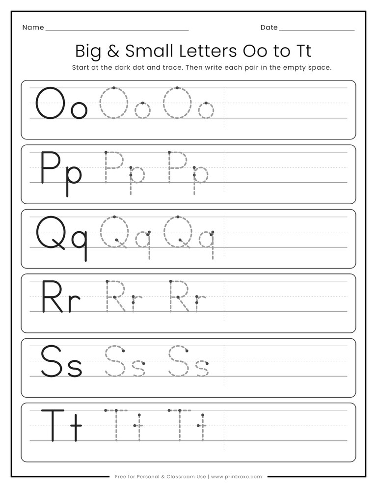 Kindergarten tracing worksheet for uppercase and lowercase letters Oo to Tt