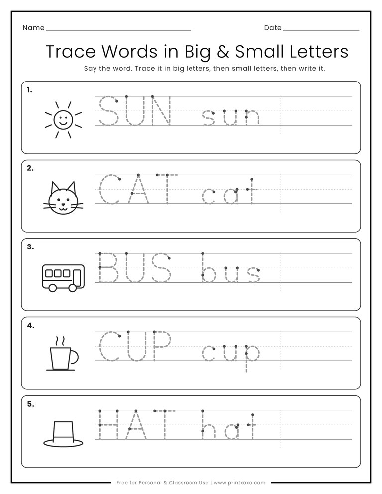 Word tracing worksheet with SUN, CAT, BUS, CUP and HAT in uppercase and lowercase letters with pictures