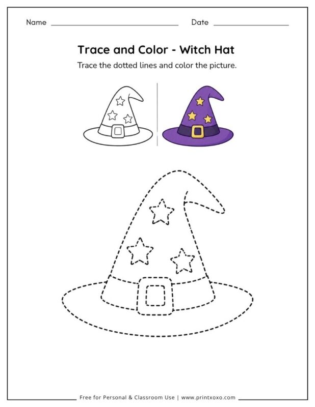 Witch hat tracing worksheet for preschool and kindergarten