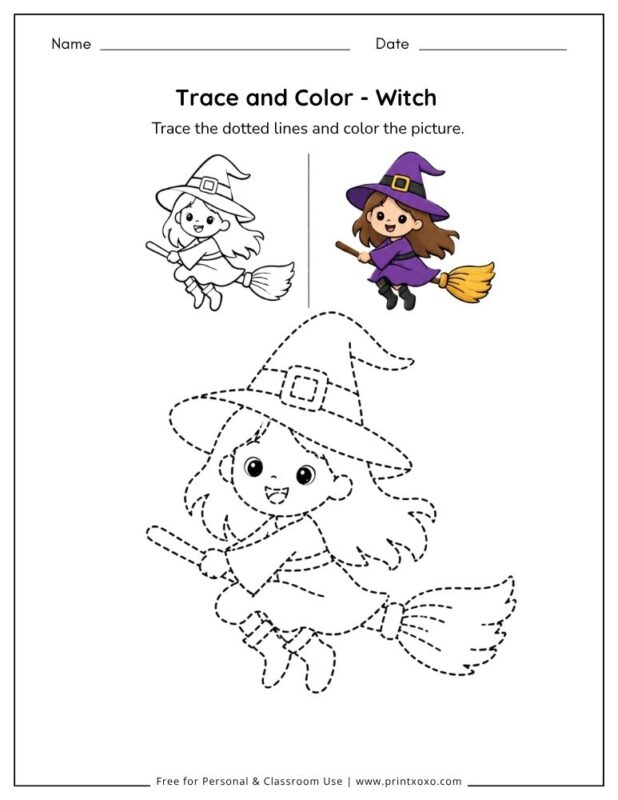 Witch tracing worksheet for preschool and kindergarten