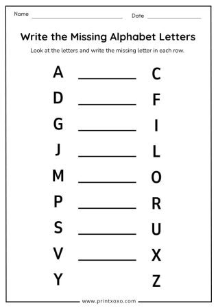 Write the missing alphabet letters worksheet for kindergarten kids